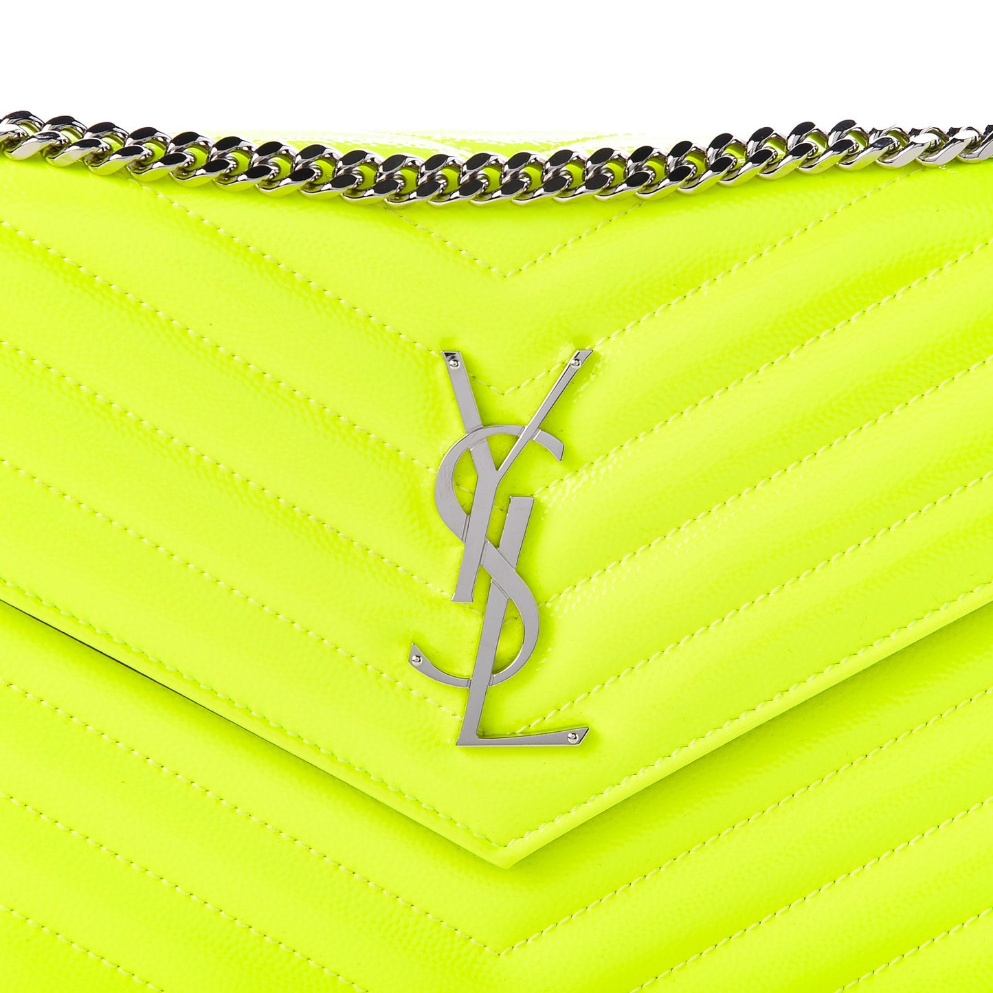 Patent Grain De Poudre Matelasse Chevron Monogram Chain Wallet Neon Yellow
