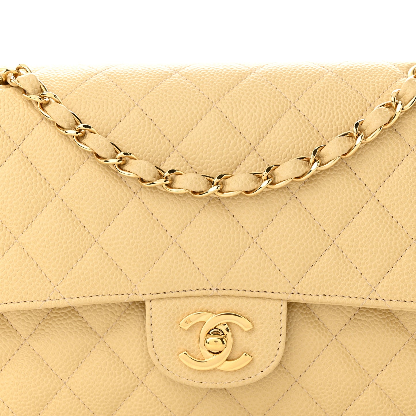 Caviar Quilted Medium Double Flap Beige