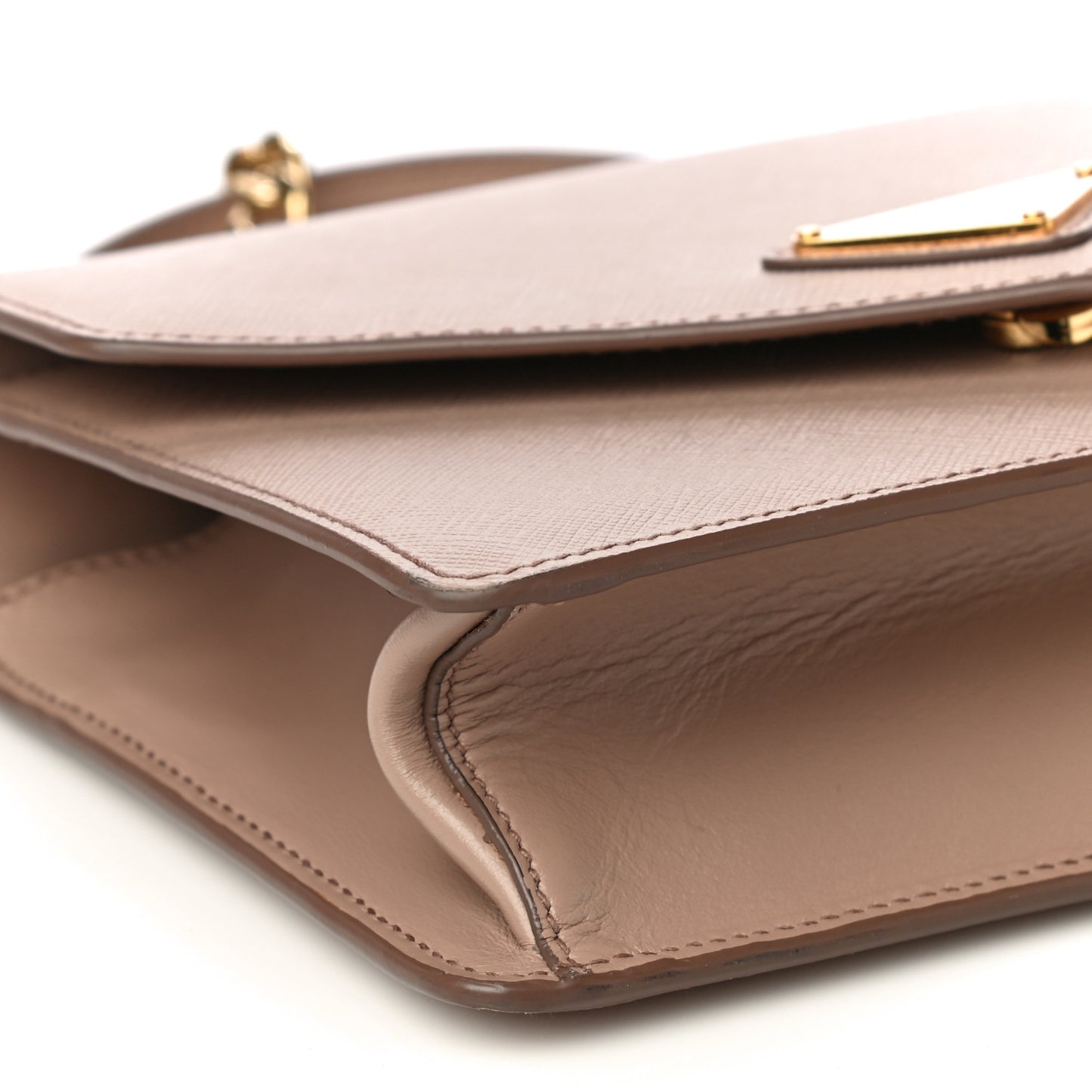 Saffiano Soft Calfskin Metal Triangle Logo Envelope Chain Shoulder Bag Cammeo
