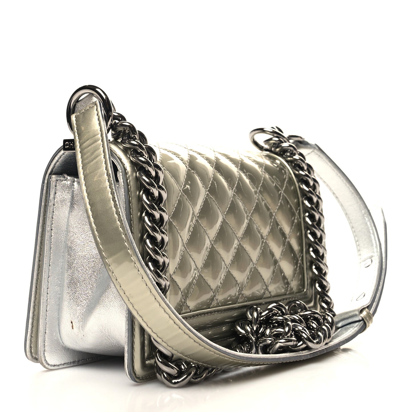 Metallic Patent Calfskin Quilted Small Boy Flap Silver