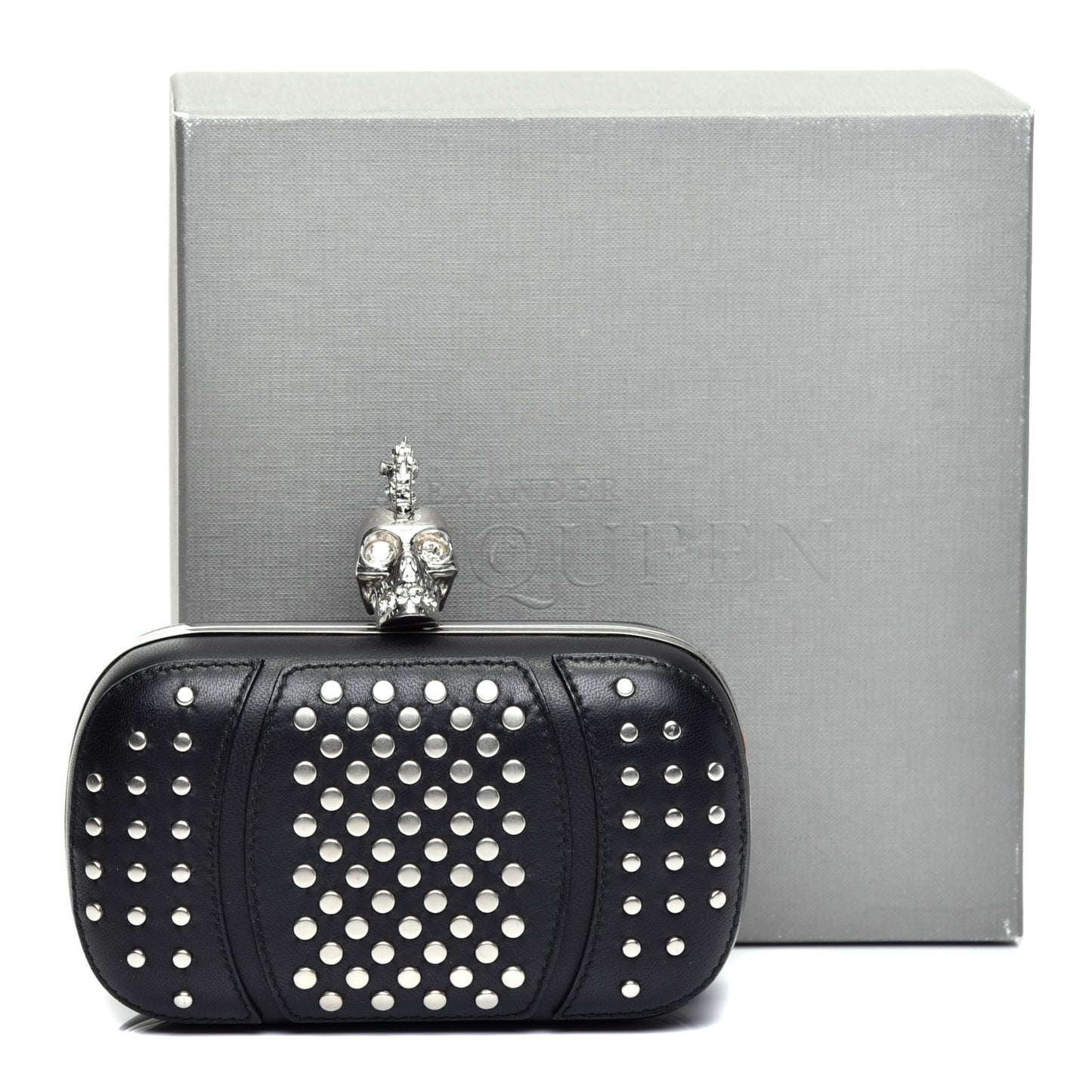 Calfskin Studded Punk Skull Box Clutch Black