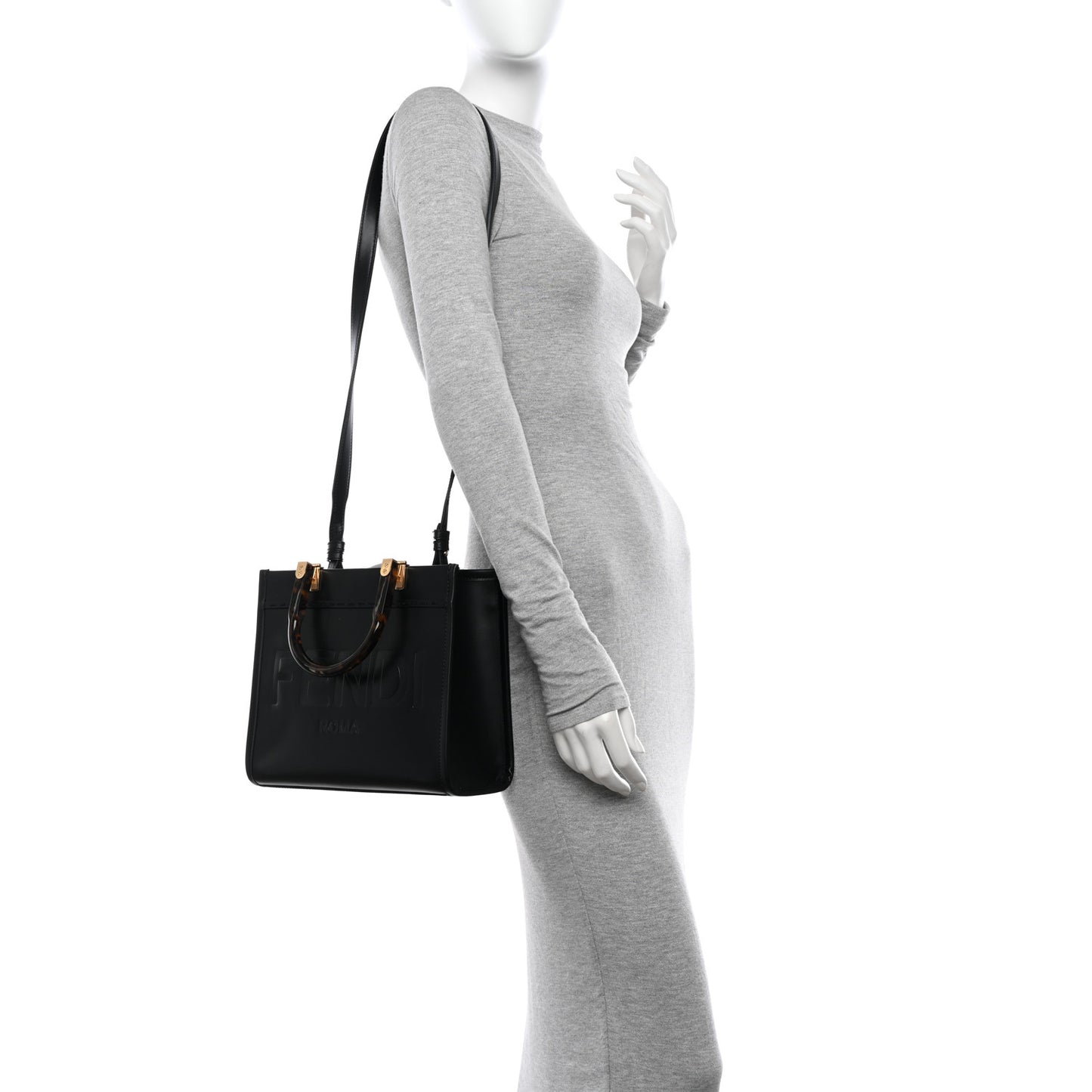 Vitello King Plexiglass Logo Embossed Small Fendi Sunshine Shopper Tote Black