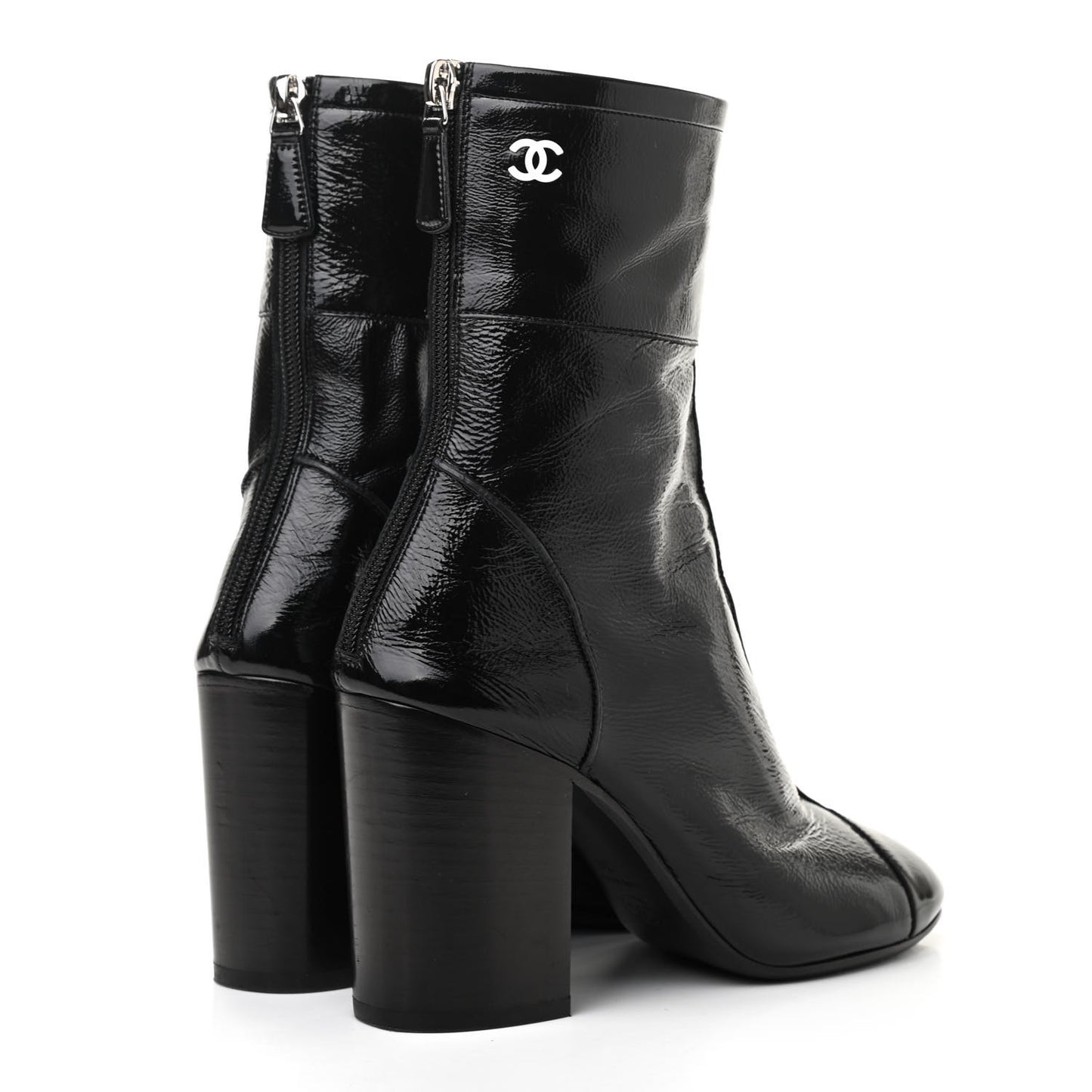 Shiny Crumpled Calfskin CC Cap Toe Short Boots 36 Black