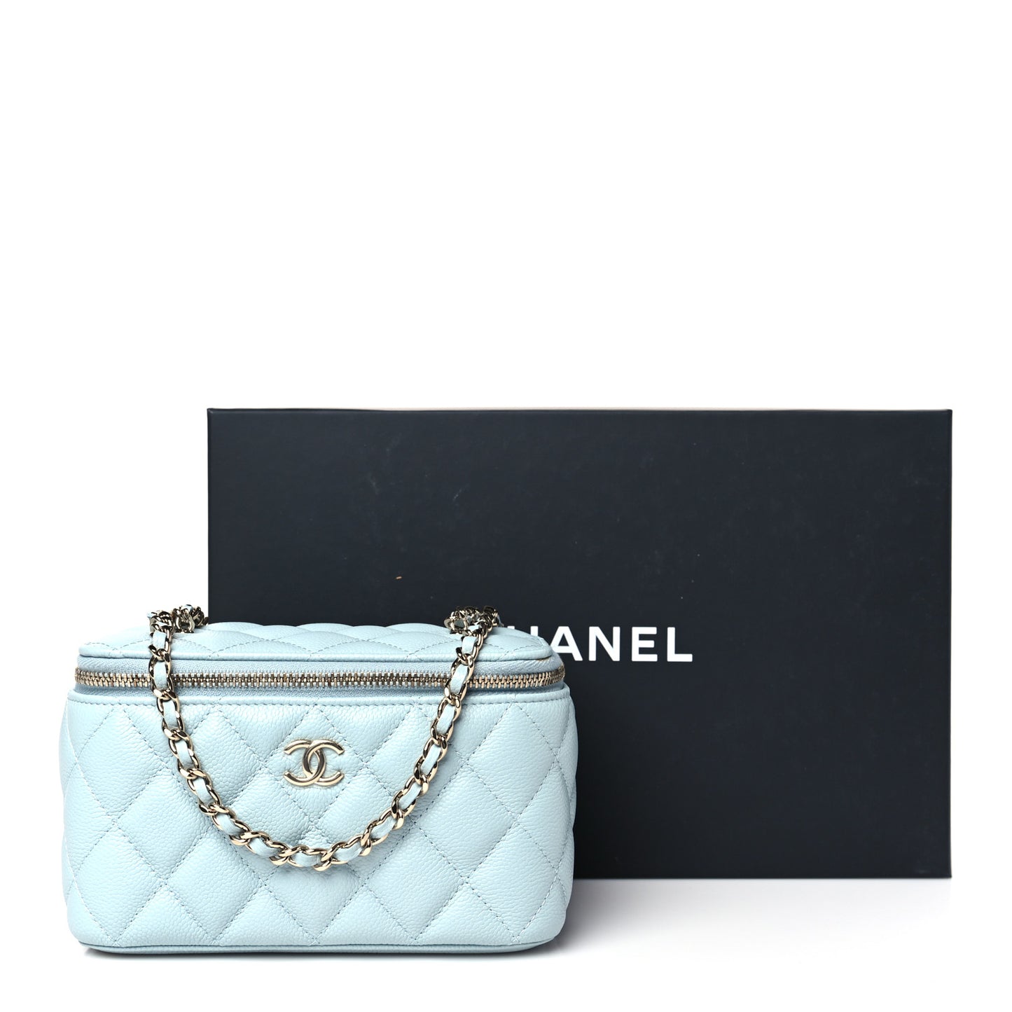 Caviar Quilted Small Tiny CC Vanity Case With Chain Light Blue