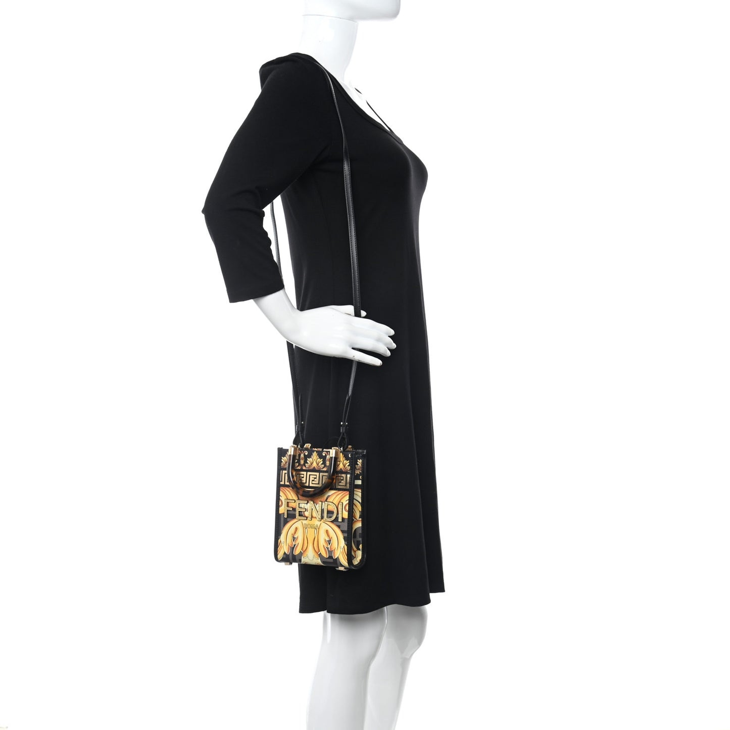 X VERSACE Vitello King Catalan Mirror Plexiglass Fendace FF Baroque Logo Mini Fendi Sunshine Shopper Tote Black Gold