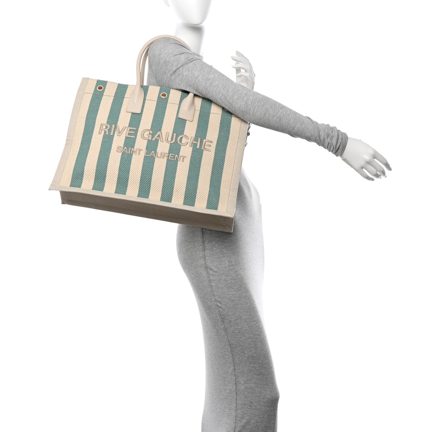 Cotton Linen Calfskin Striped Rive Gauche Tote Water Green