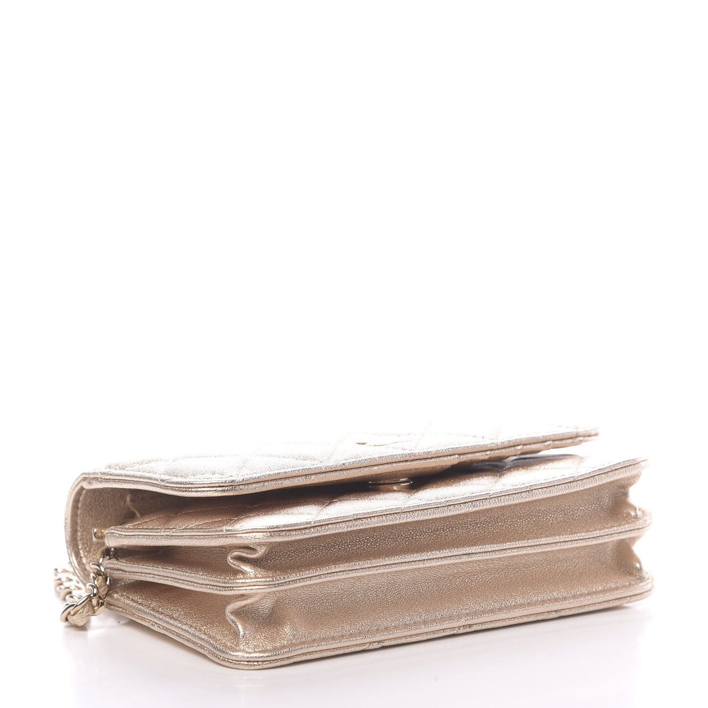 Metallic Lambskin Quilted Mini Wallet On Chain WOC Gold