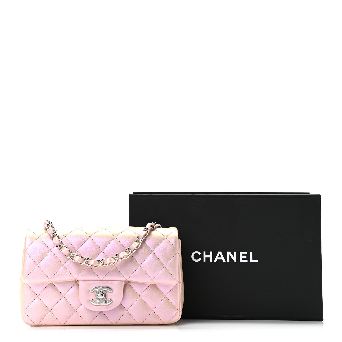 Iridescent Calfskin Quilted Mini Rectangular Flap Pink
