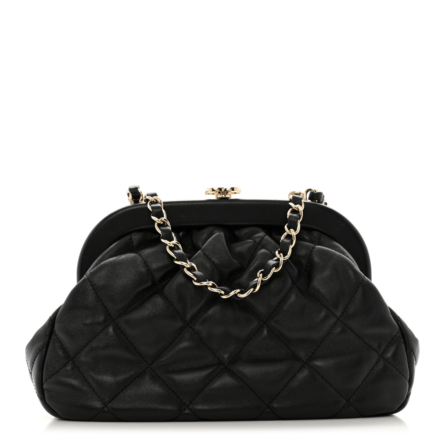 Lambskin Quilted CC Kisslock Clutch Black