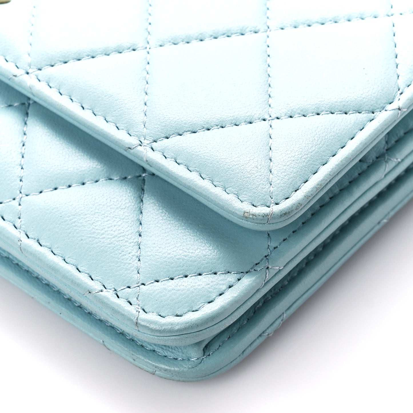 Lambskin Quilted Trendy CC Wallet On Chain WOC Light Blue