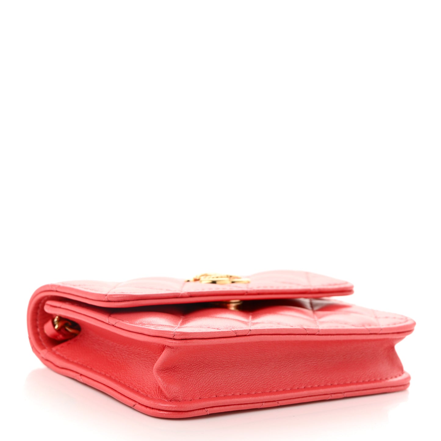 Shiny Lambskin Quilted Card Holder On Chain Pink