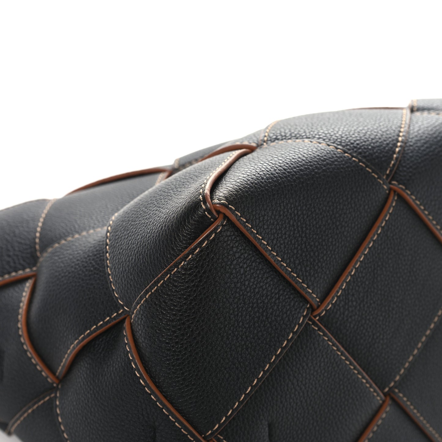 Soft Grained Calfskin Woven Basket Bag Black Tan