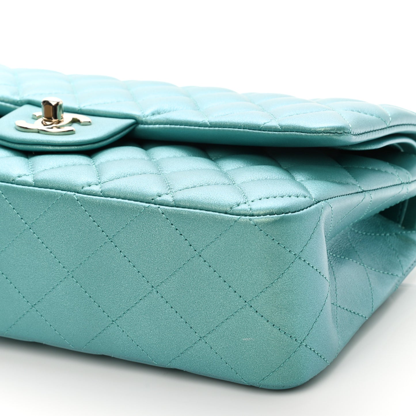Iridescent Calfskin Quilted Medium Double Flap Green