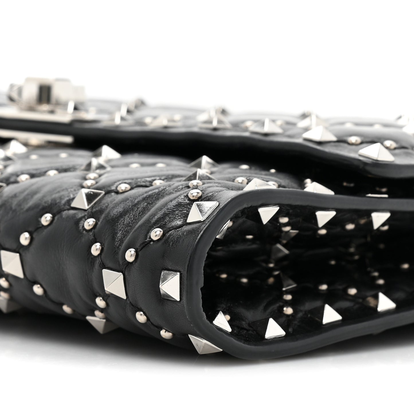 Craquele Nappa Beaded Rockstud Spike Wallet on Chain Black