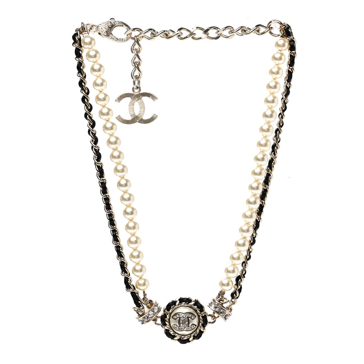 Pearl Crystal Lambskin CC Choker Gold Black