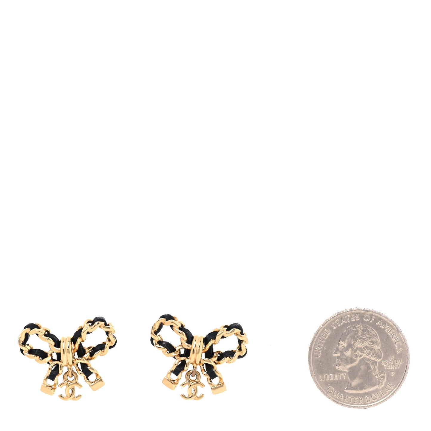 Lambskin Chain Bow Stud Earrings Black Gold