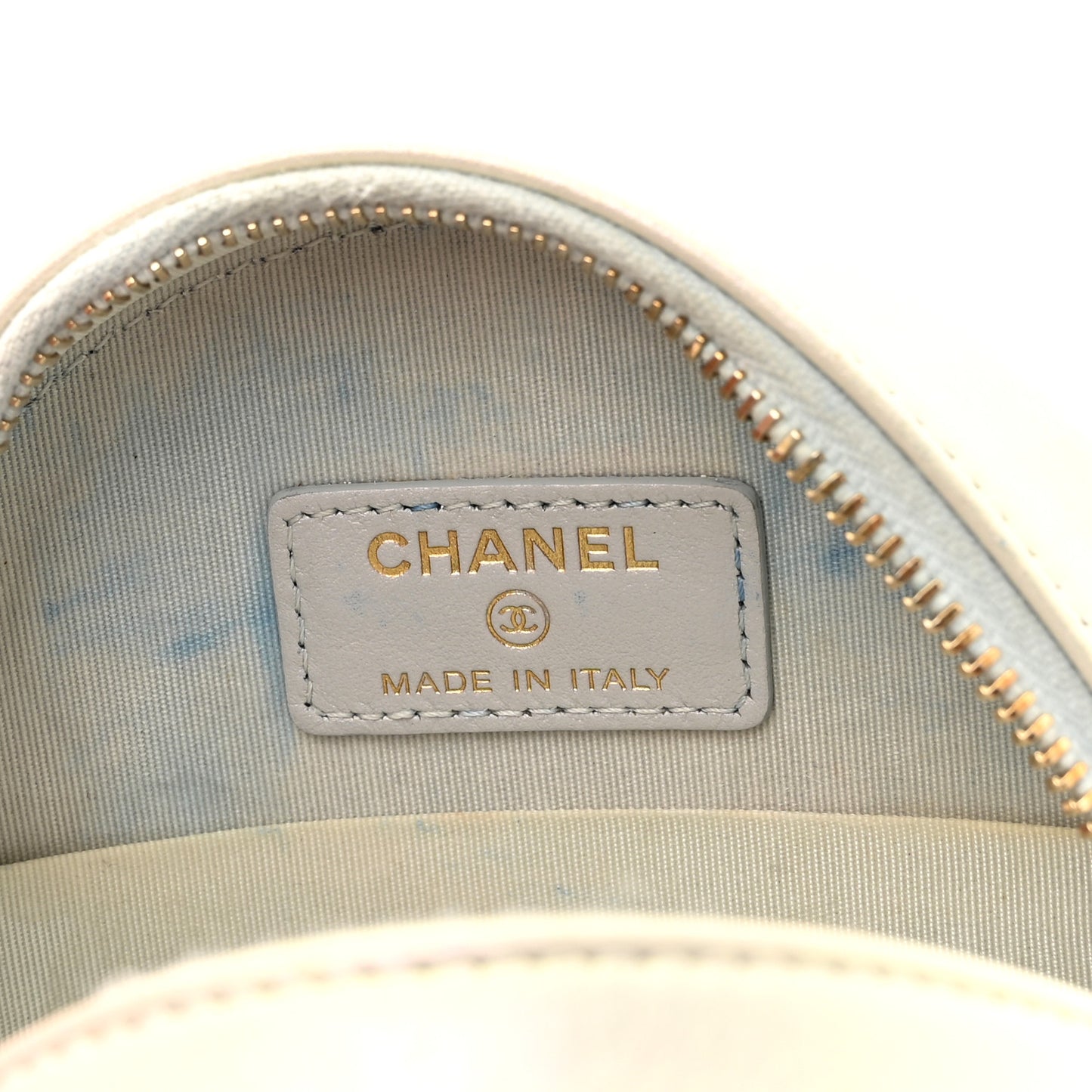 Iridescent Calfskin Quilted Chanel 19 Round Clutch With Chain White
