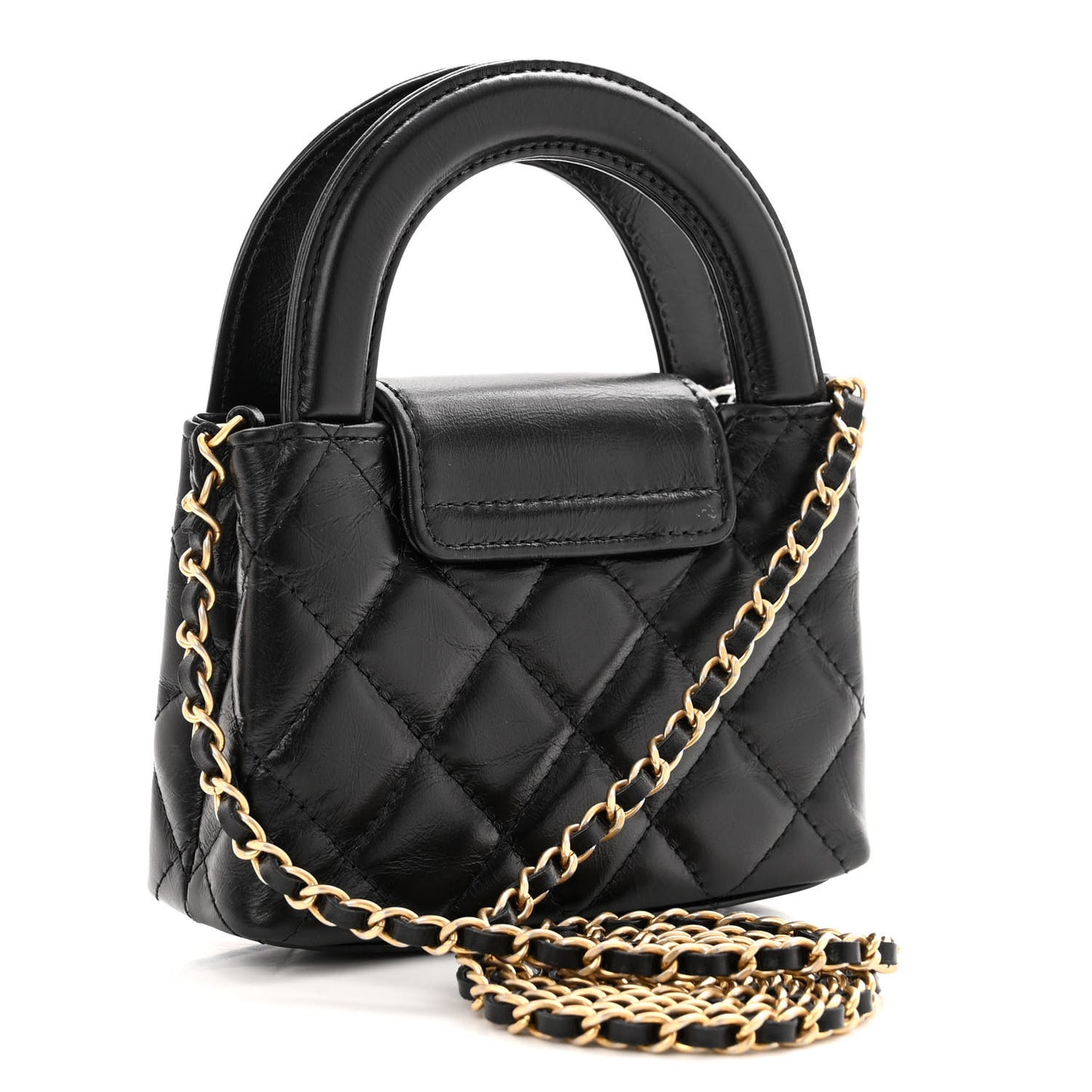 Shiny Aged Calfskin Quilted Mini Nano Kelly Shopper Black