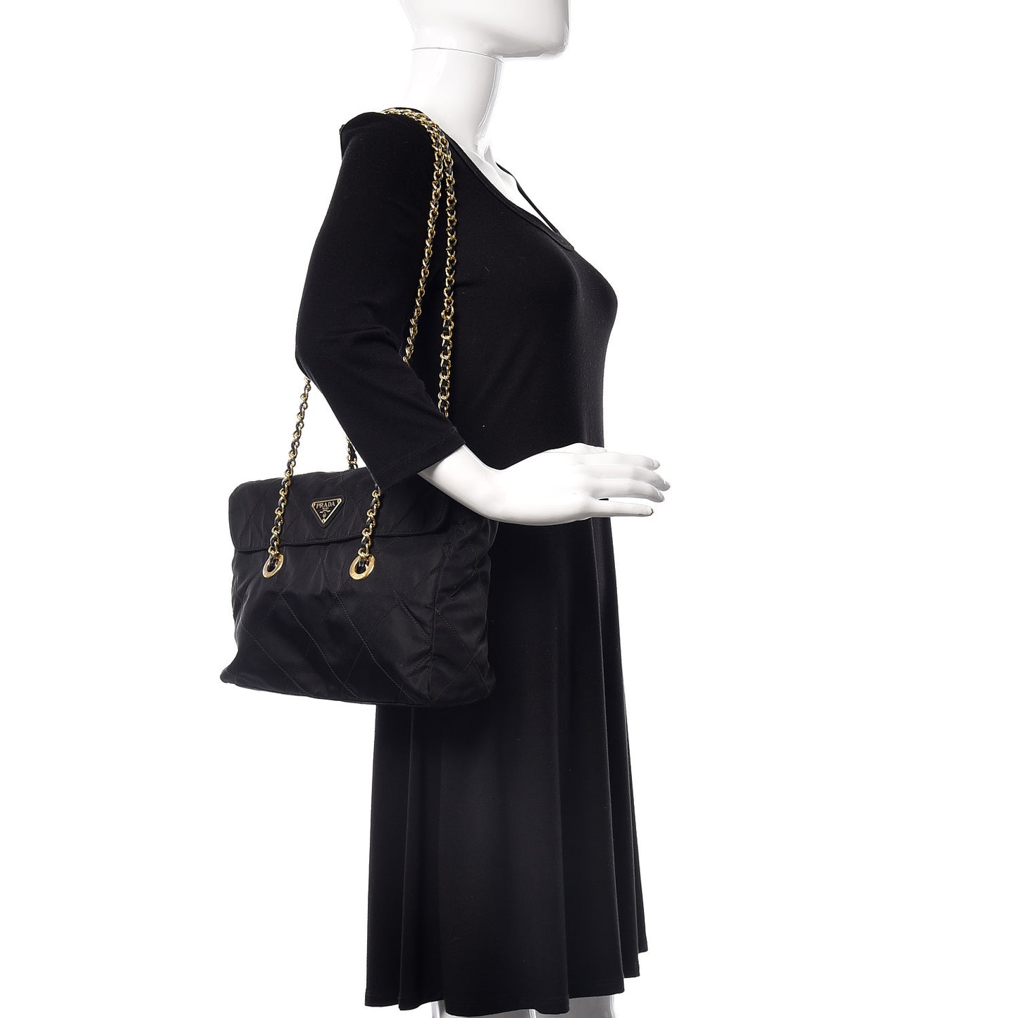 Nylon Tessuto Impuntu Quilted Flap Shoulder Bag Black