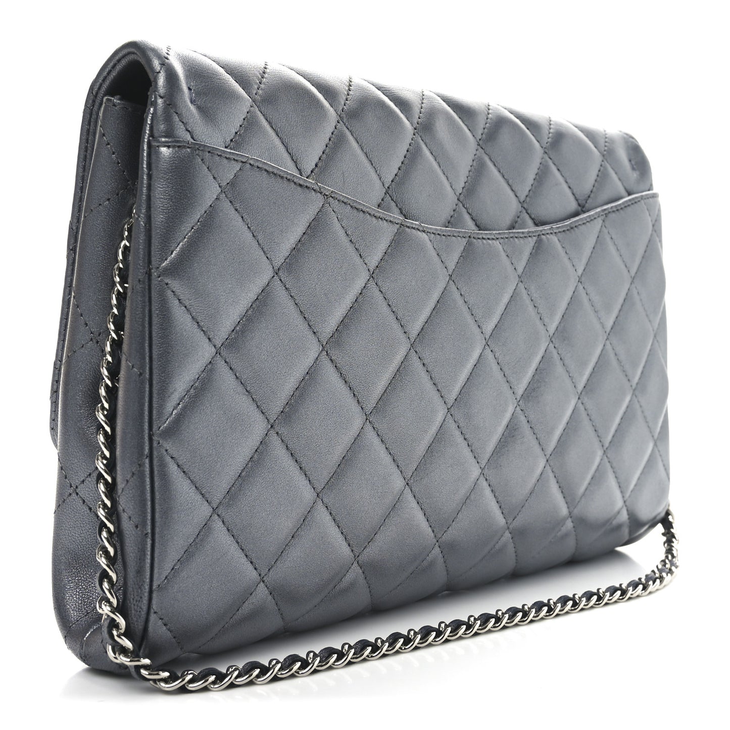 Metallic Lambskin Quilted Clutch With Chain Flap   Dark Grey