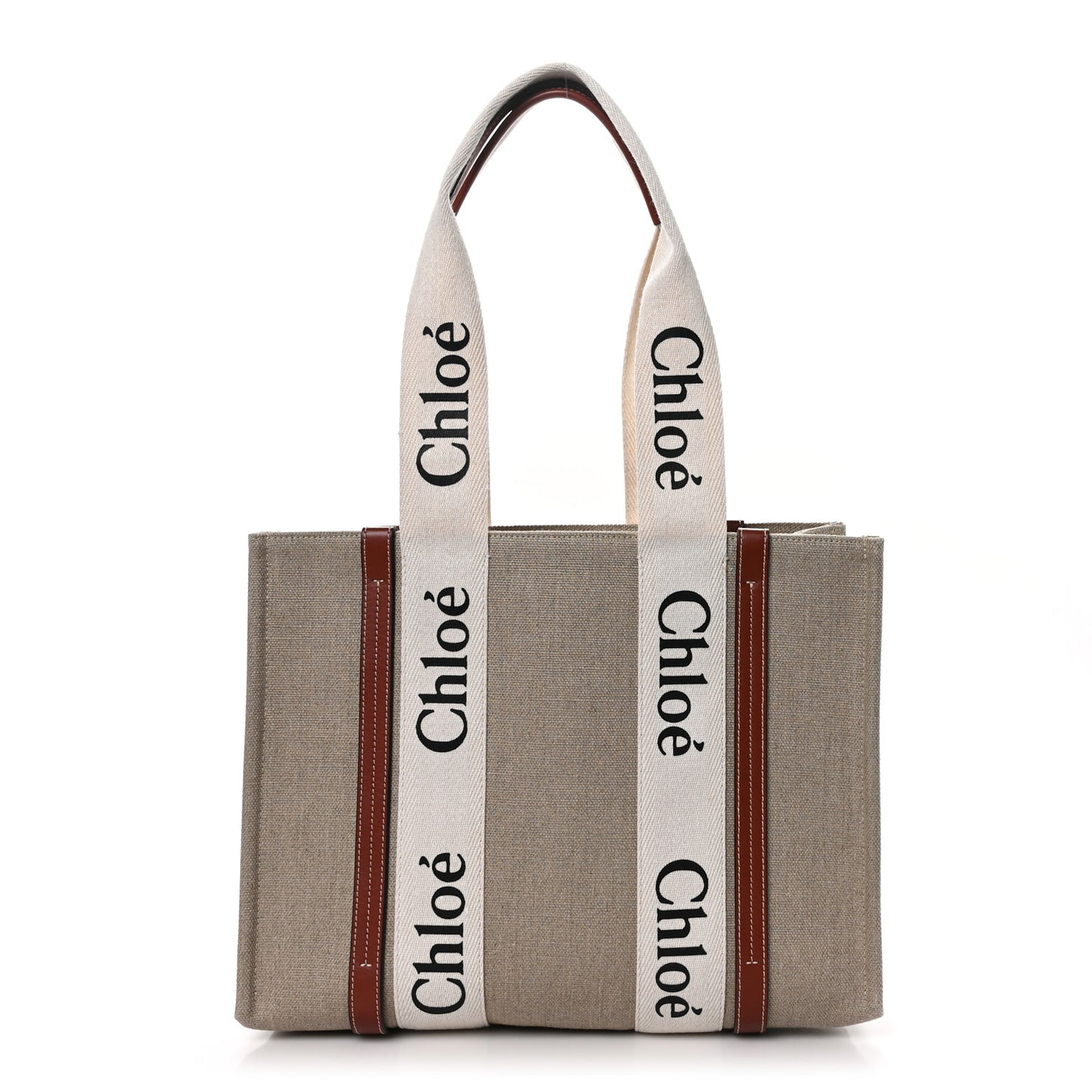 Linen Calfskin Medium Woody Ribbon Tote White Brown