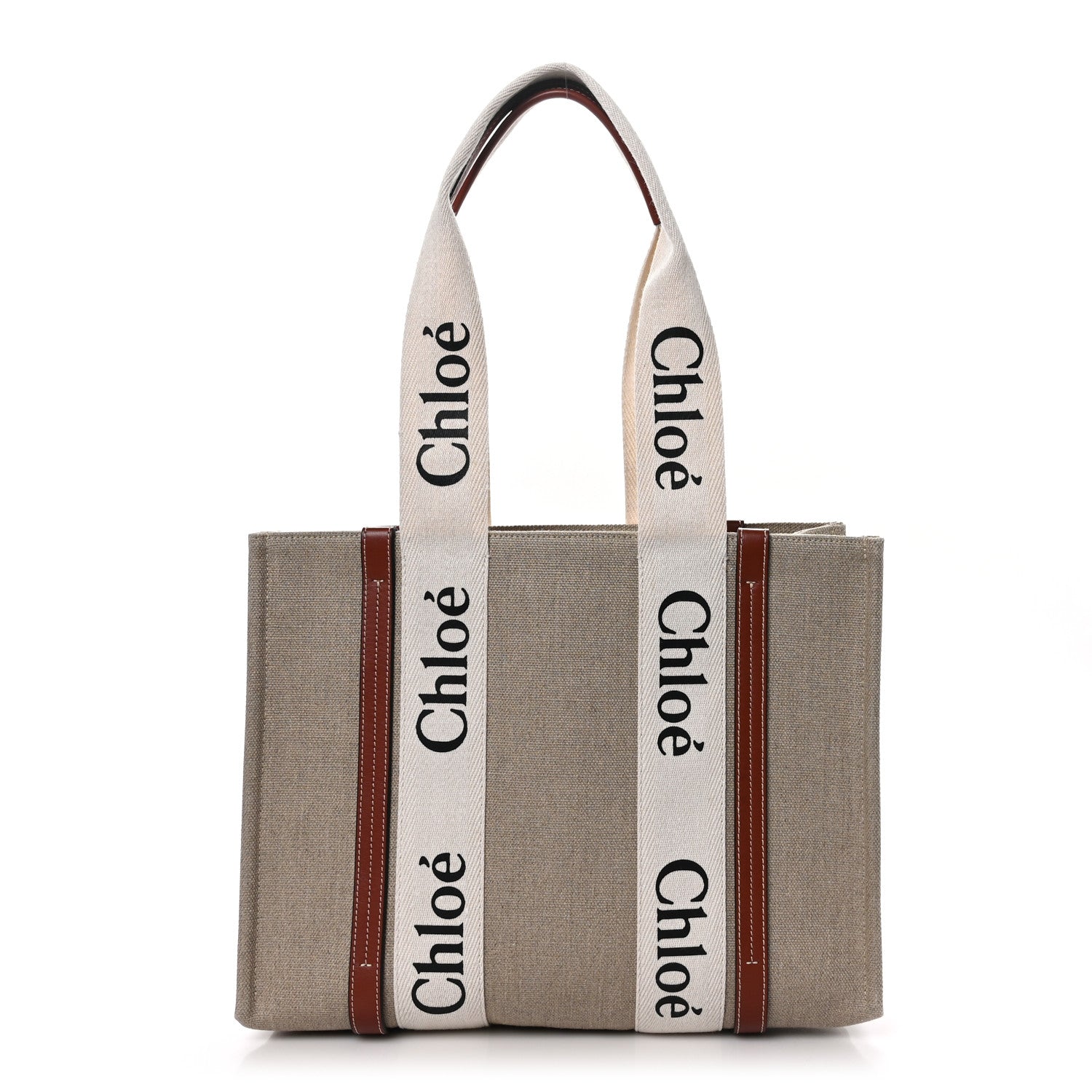 Chloe Linen Calfskin Medium Woody Ribbon Tote White Brown 1 of 8