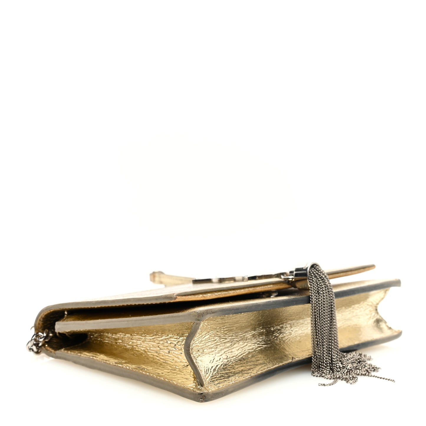 Metallic Crackled Calfskin Kate Monogram Tassel Chain Wallet Gold