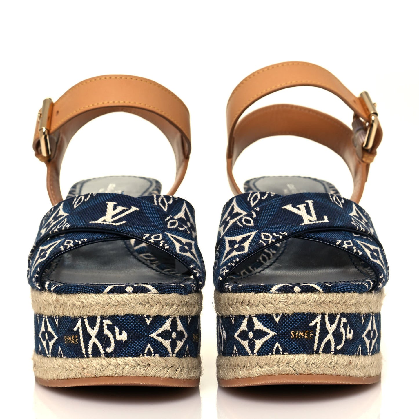 Jacquard Calfskin Since 1854 Boundary Wedge Sandals 35.5 Blue