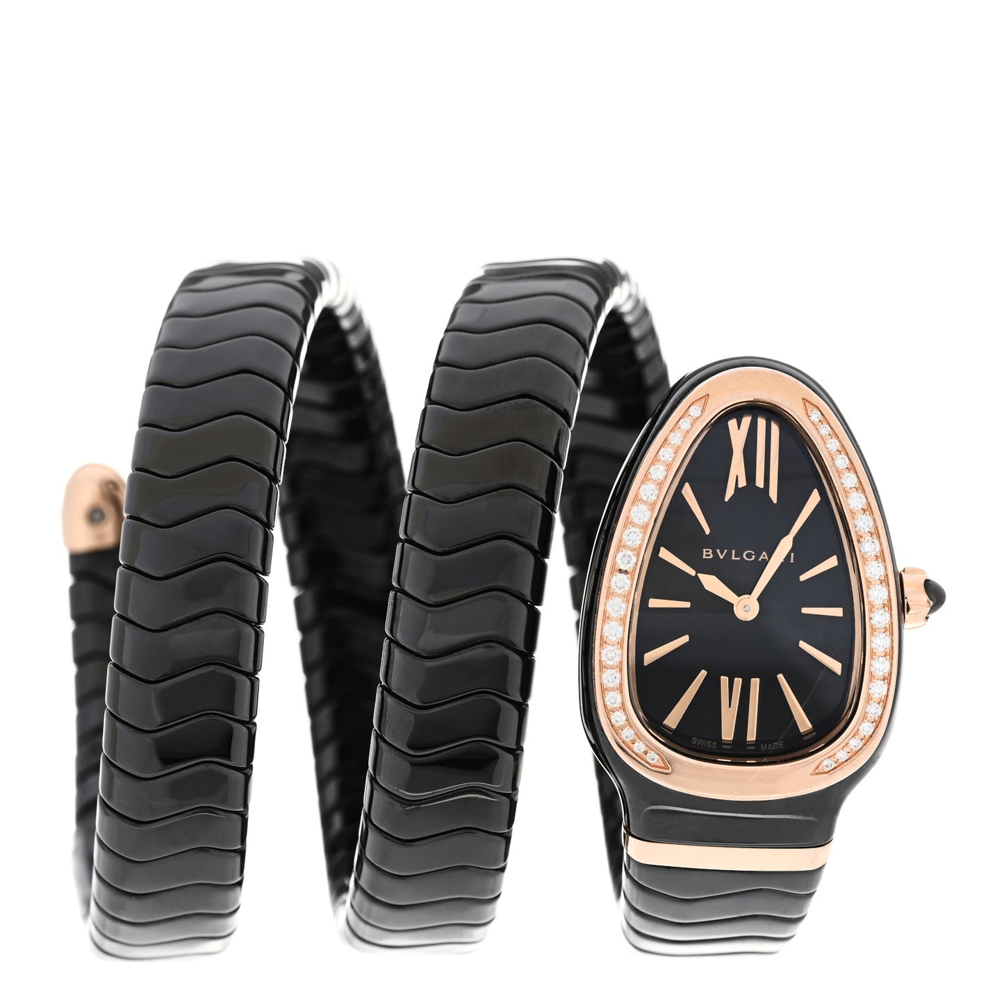18K Rose Gold Ceramic Diamond Bezel 35mm Serpenti Tubogas Double Spiral Quartz Watch Black
