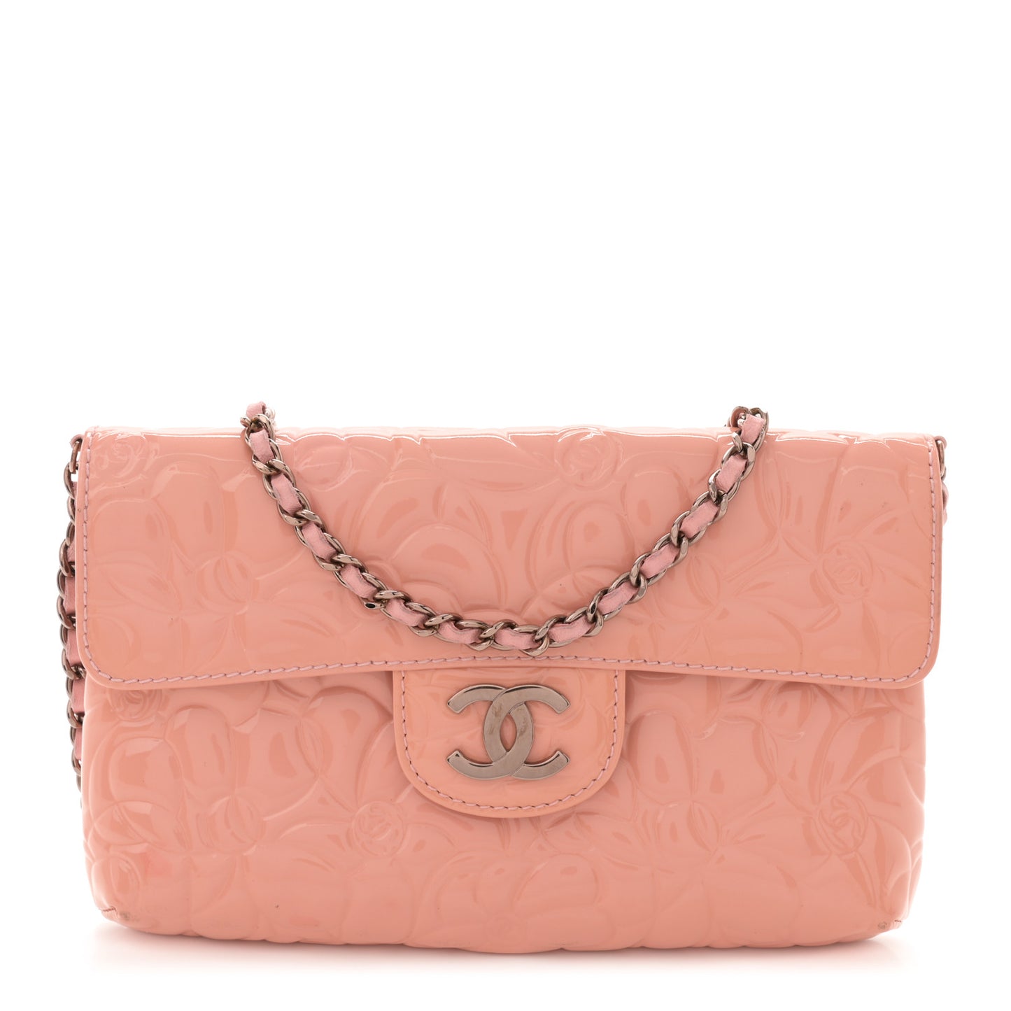 Patent Calfskin Camellia Embossed Flap Pochette Pink