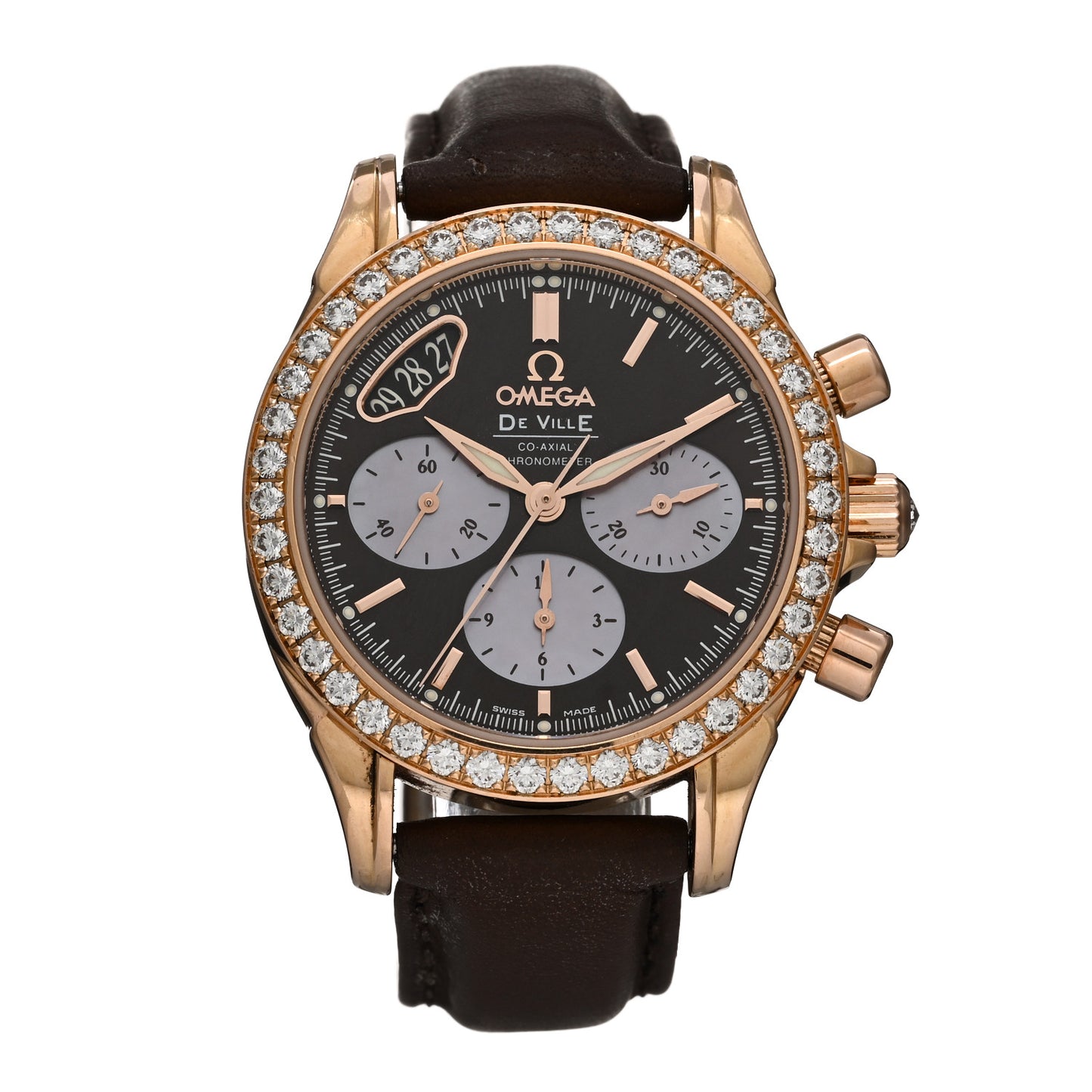 18K Rose Gold Alligator Diamond Mother of Pearl 35mm De Ville Co-Axial Chronograph Automatic Watch Brown 4677.60.37