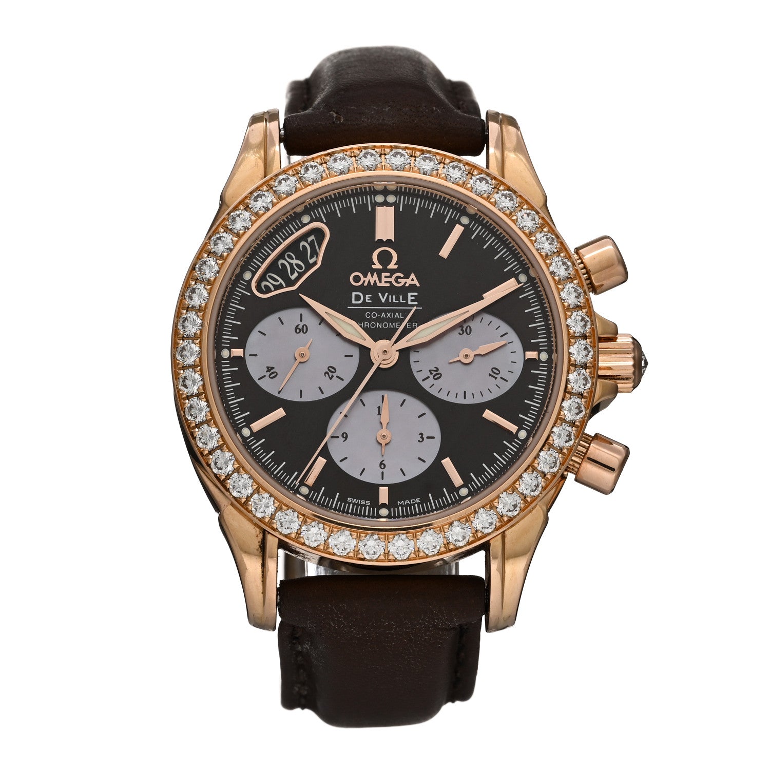 Omega 18K Rose Gold Alligator Diamond Mother of Pearl 35mm De Ville Co-Axial Chronograph Automatic Watch Brown 4677.60.37 1 of 4