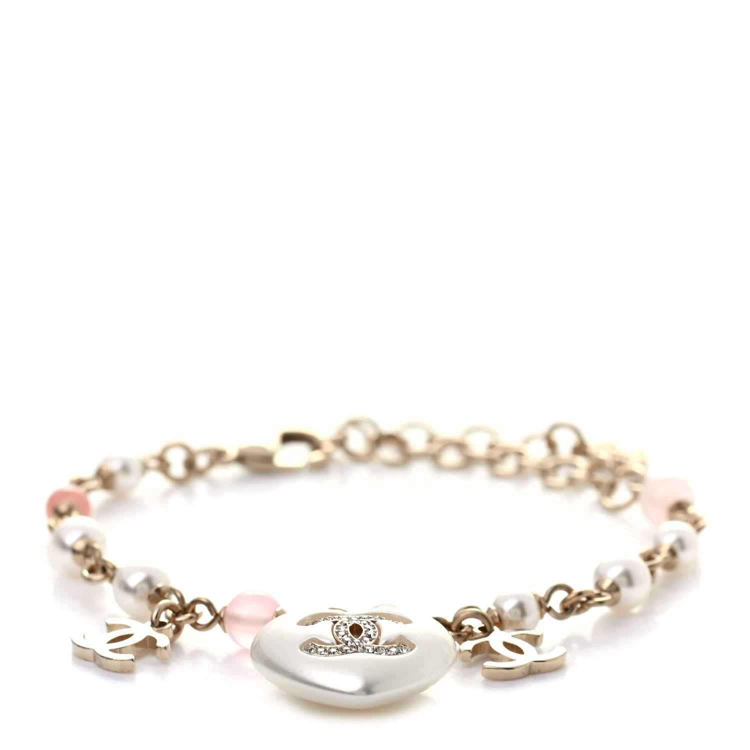 Chanel Pearl Crystal CC Heart Bracelet Pearly White Pink Gold