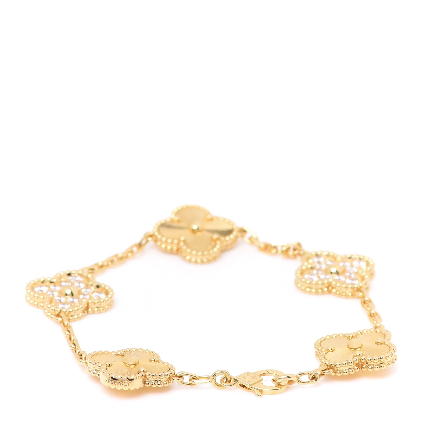18K Yellow Gold Diamond 5 Motifs Guilloche Vintage Alhambra Bracelet