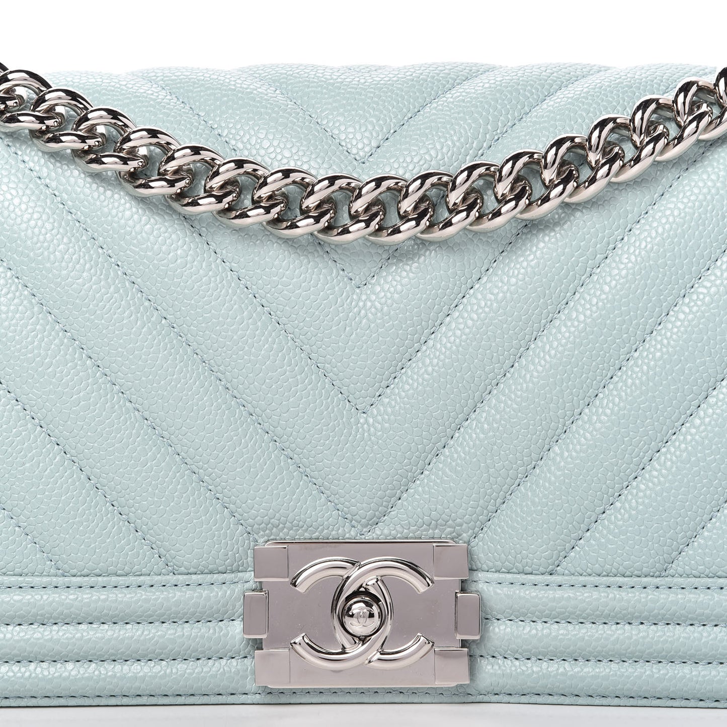 Caviar Chevron Quilted Medium Boy Flap Light Blue