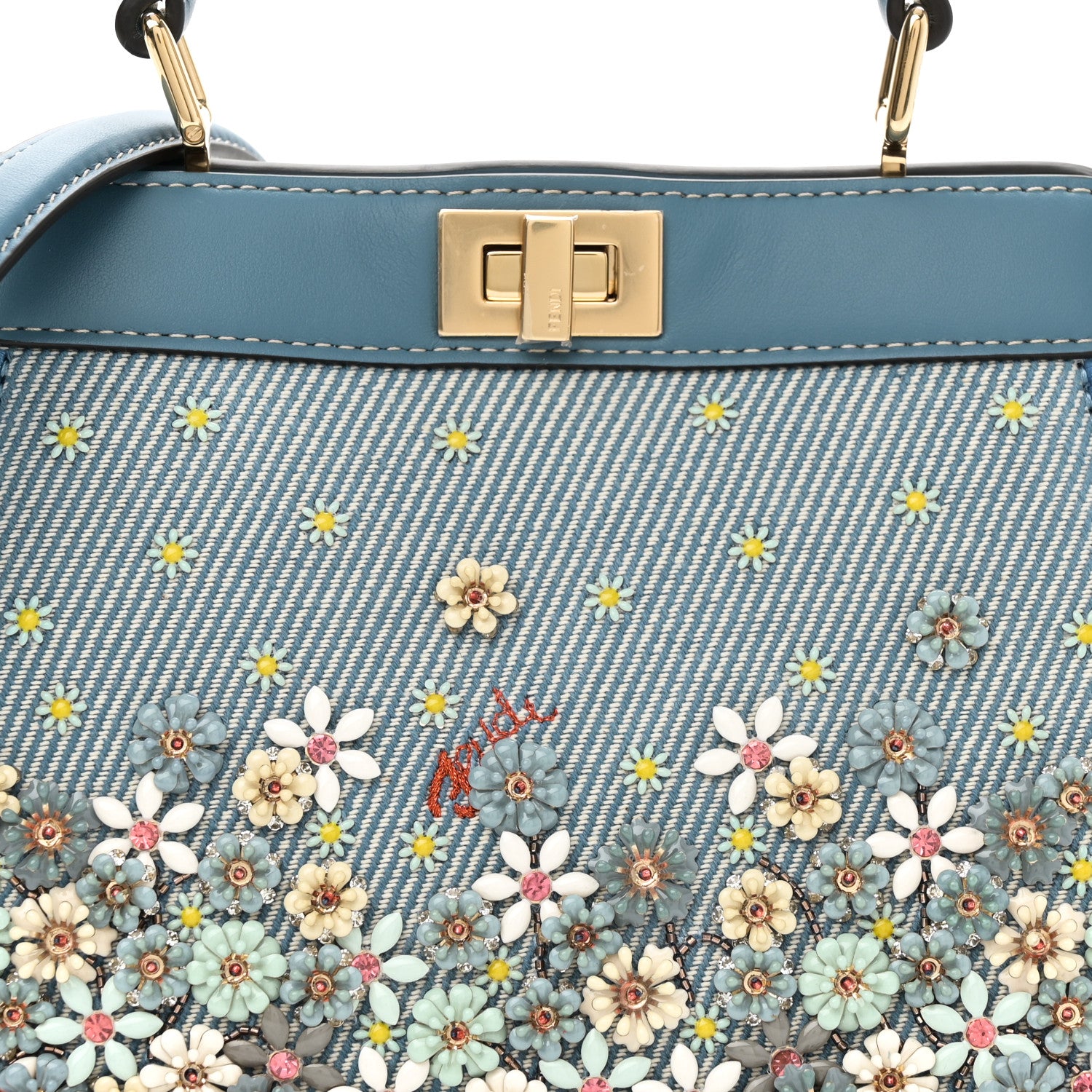 Fendi Denim Nappa Floral Embroidered Petite Peekaboo I SEE U Satchel Blue 7 of 9