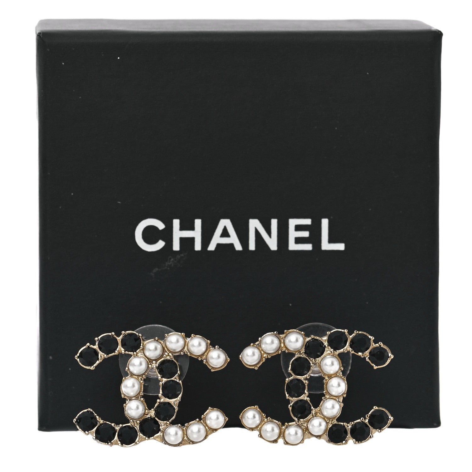 Chanel Crystal Pearl CC Dazzling Domino Earrings Gold Black 5 of 5