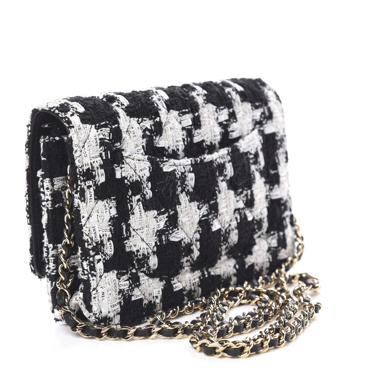 Tweed Quilted Wallet On Chain WOC Black Ecru White