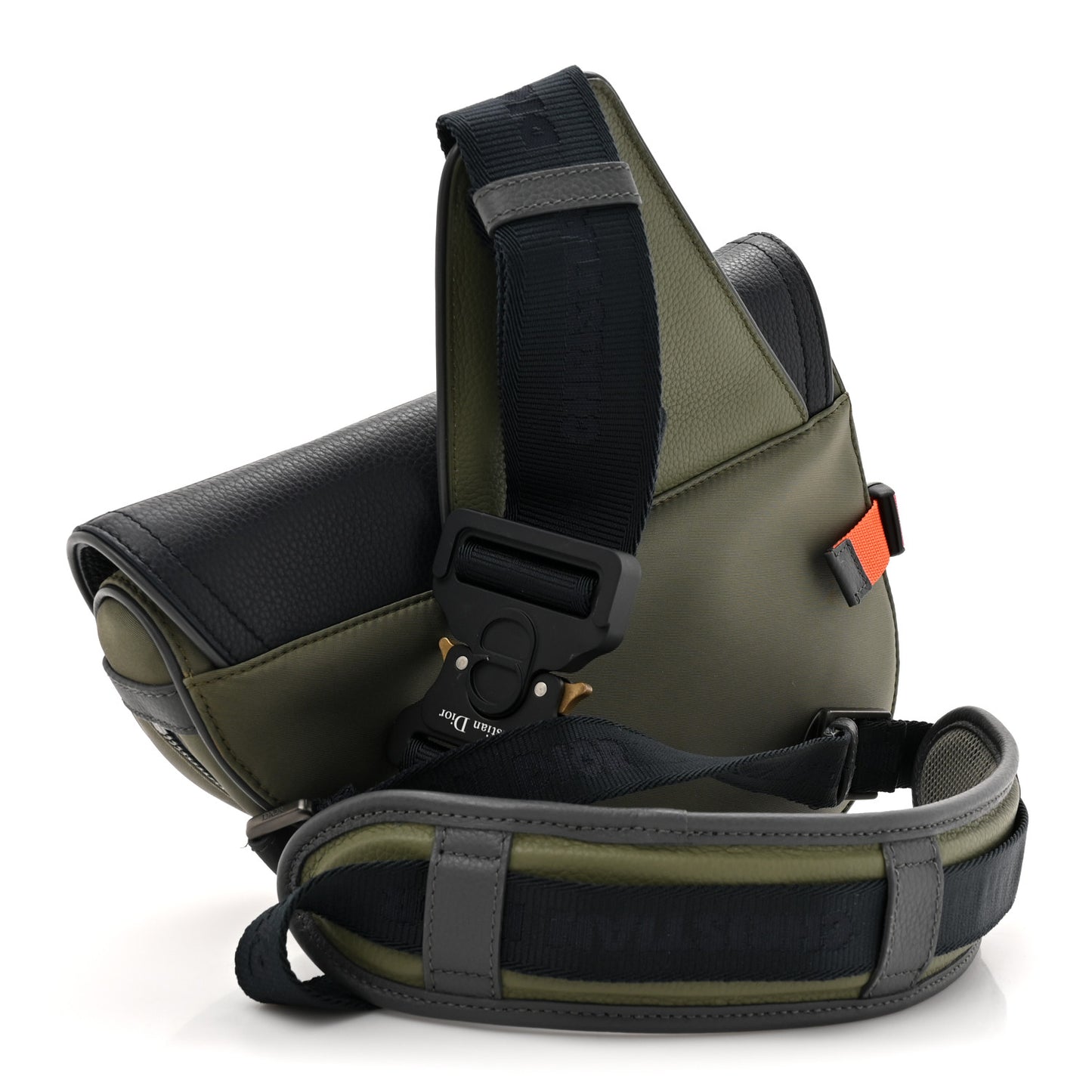 X SACAI Grained Calfskin Technical Fabric Mens Saddle Bag Olive Navy Blue