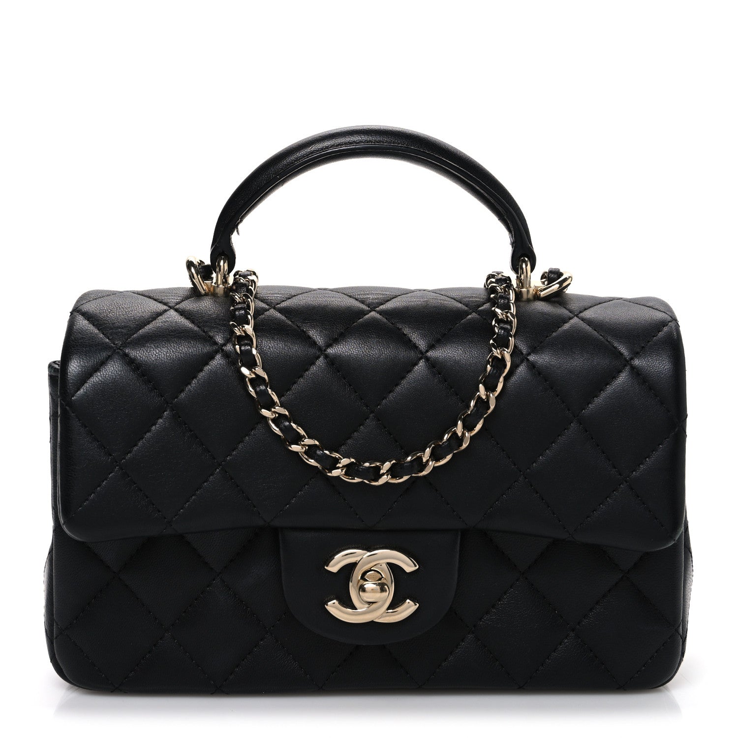 Chanel Lambskin Quilted Mini Top Handle Rectangular Flap Black