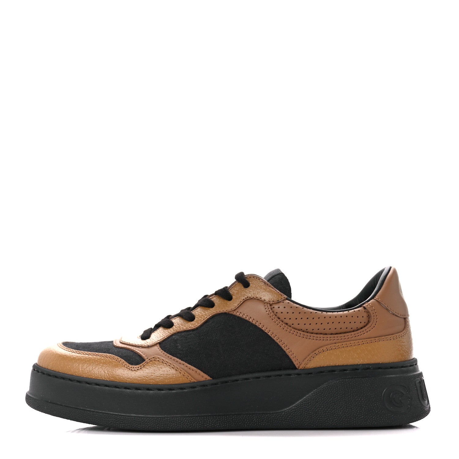Gucci Textured Dollar Calfskin Monogram Perforated Mens Interlocking G 55mm Sneakers 8.5 Khaki Beige Black 1 of 10