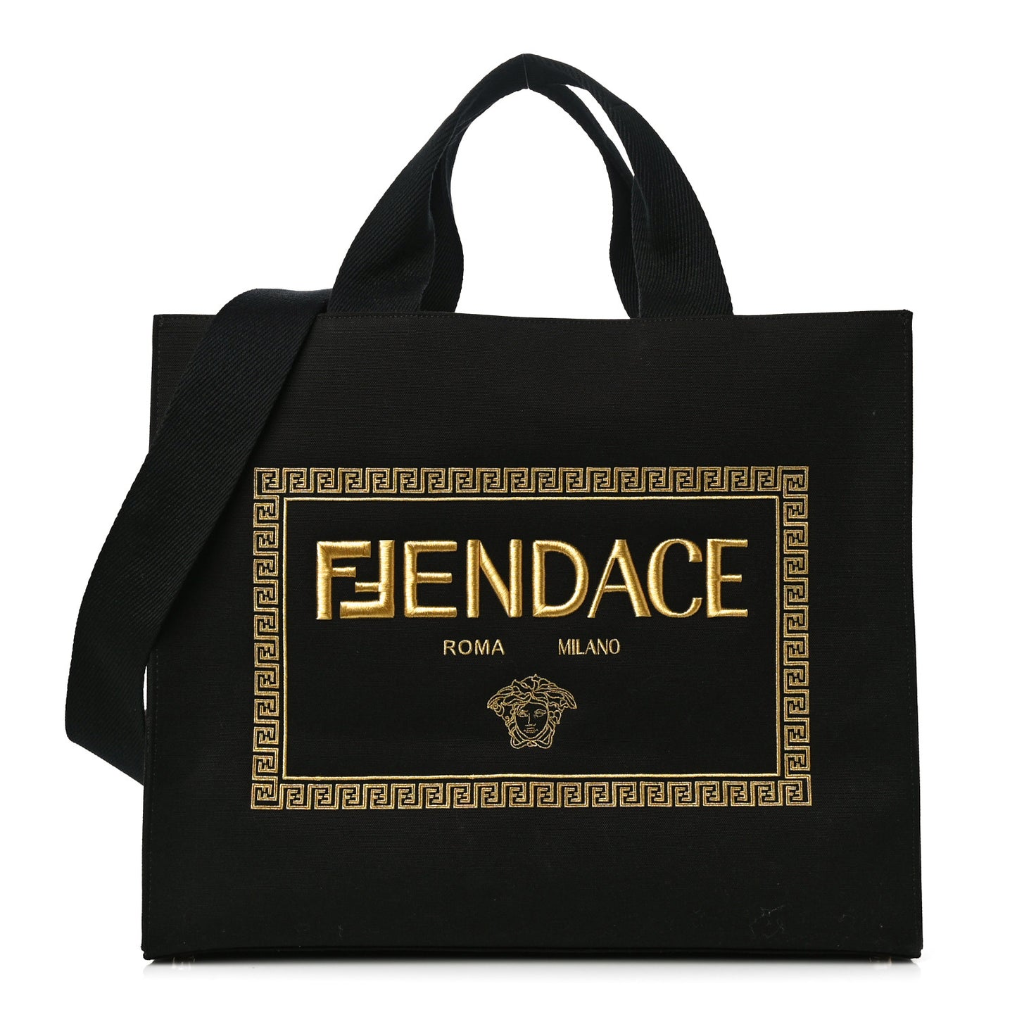 X VERSACE Canvas Fendace Logo Large Shopping Tote Black
