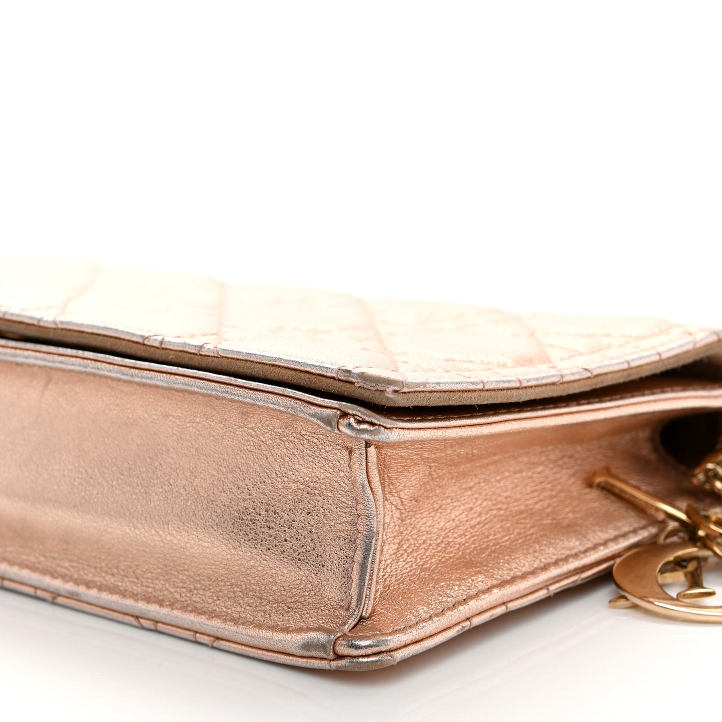 Metallic Lambskin Cannage Lady Dior Pouch Rose Gold