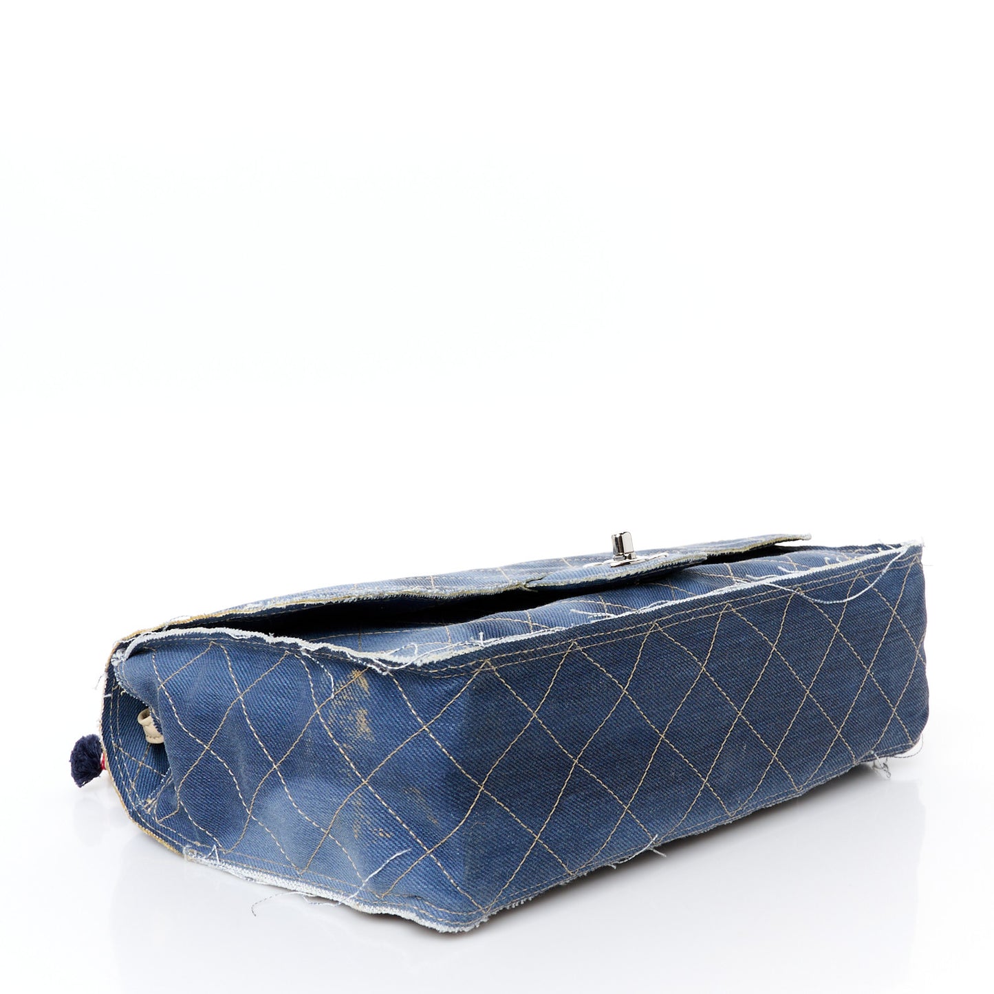 Denim Quilted Jumbo Pompom Flap Dark Blue