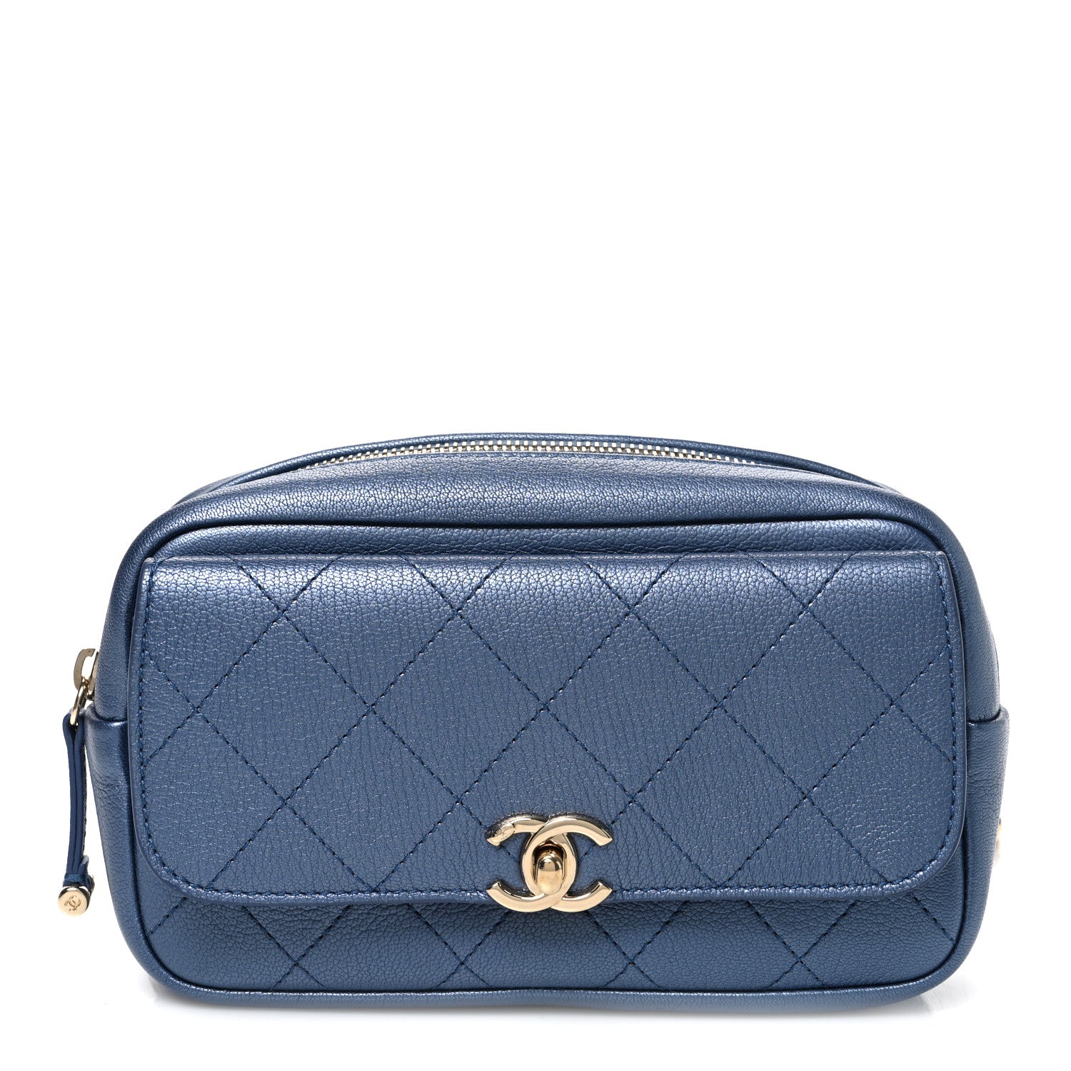 Chanel Metallic Goatskin Quilted Casual Trip Waist Bag Blue