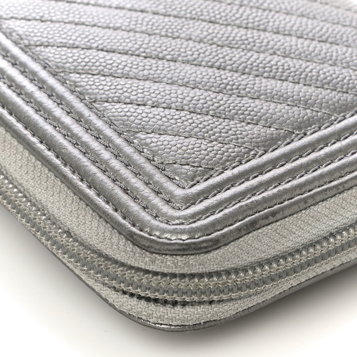 Metallic Caviar Chevron Quilted Boy Small Zip Around Wallet Silver