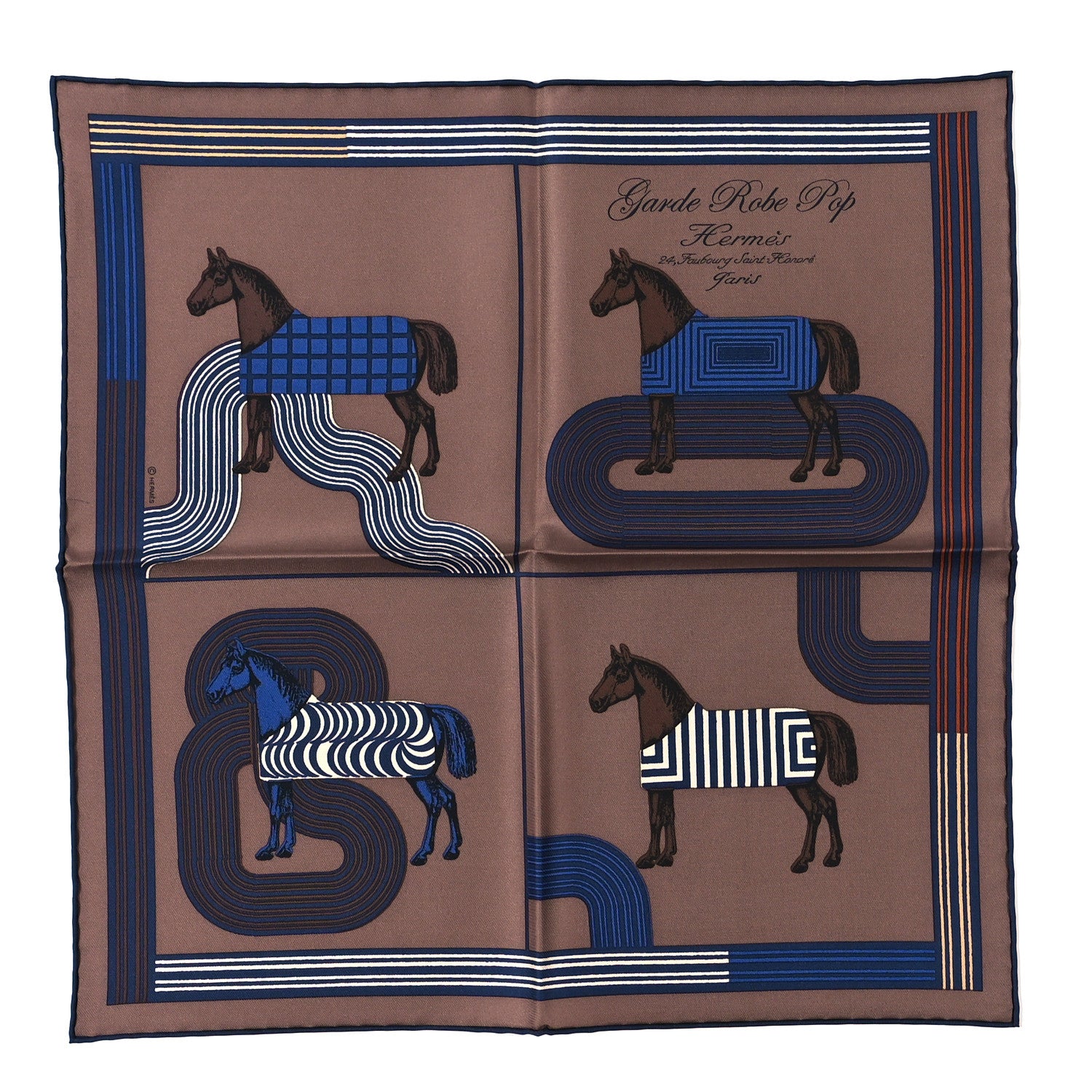 Hermes Silk Garde Robe Pop Detail Pocket Square Marron Glace