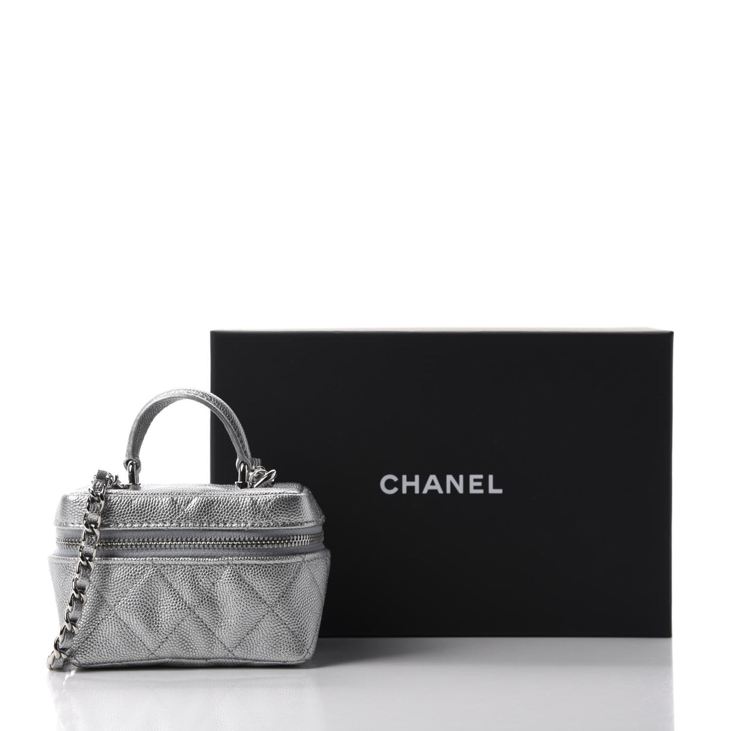 Metallic Caviar Quilted Mini Top Handle Vanity With Chain Silver
