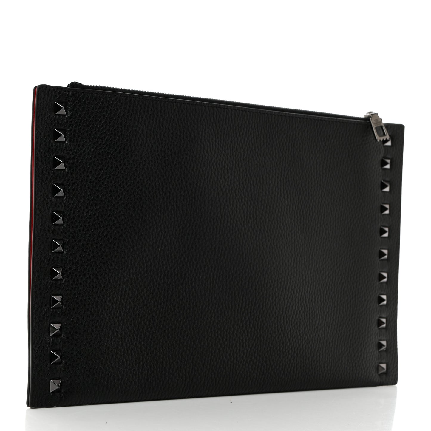 Pebbled Calfskin Large Rockstud Flat Zip Pouch Black