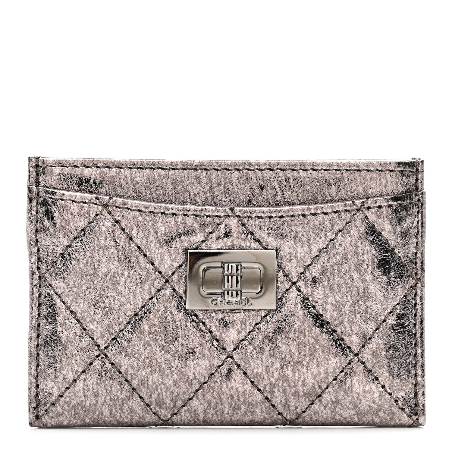Chanel Metallic Aged Calfskin Quilted Reissue Card Holder Silver
